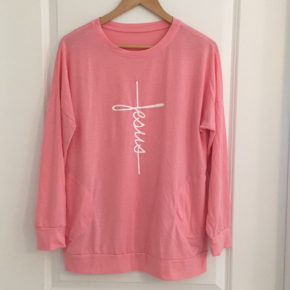 Not Sure Tops - Pink Long Sleeve Jesus Cross Graphic Shirt